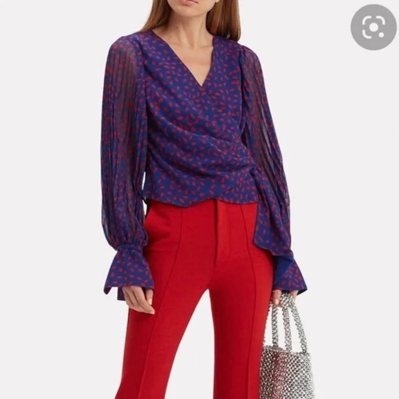 Self portrait crepe printed wrap blouse pleated detail Blue and Red 6 - Picture 1 of 10